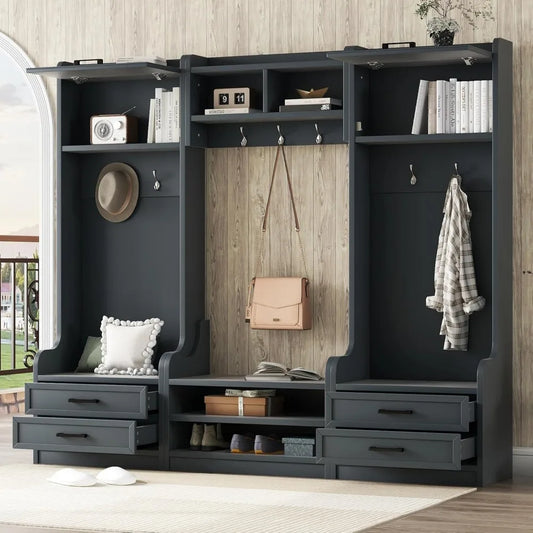 Wide Hall Tree with Storage Bench, Wood Coat Rack with Cabinet and 7 Hooks, Mudroom Organizer with Shoes Storage Cubbies