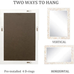 White Mirrors for Wall , Natural Mother of Pearl Inlay Mosaic Framed Rectangle Mirror for Bathroom, Bedroom or Entryway