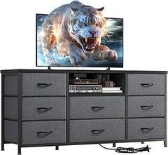 Dresser TV Stand with Power Outlet & 8 Fabric Drawers – Storage Media Console for Bedroom & Living Room