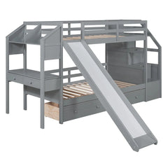 Wood Twin Over Twin Bunk Bed with Desk and Slide,Drawers Bookcase and Storage Staircase for Kids, White