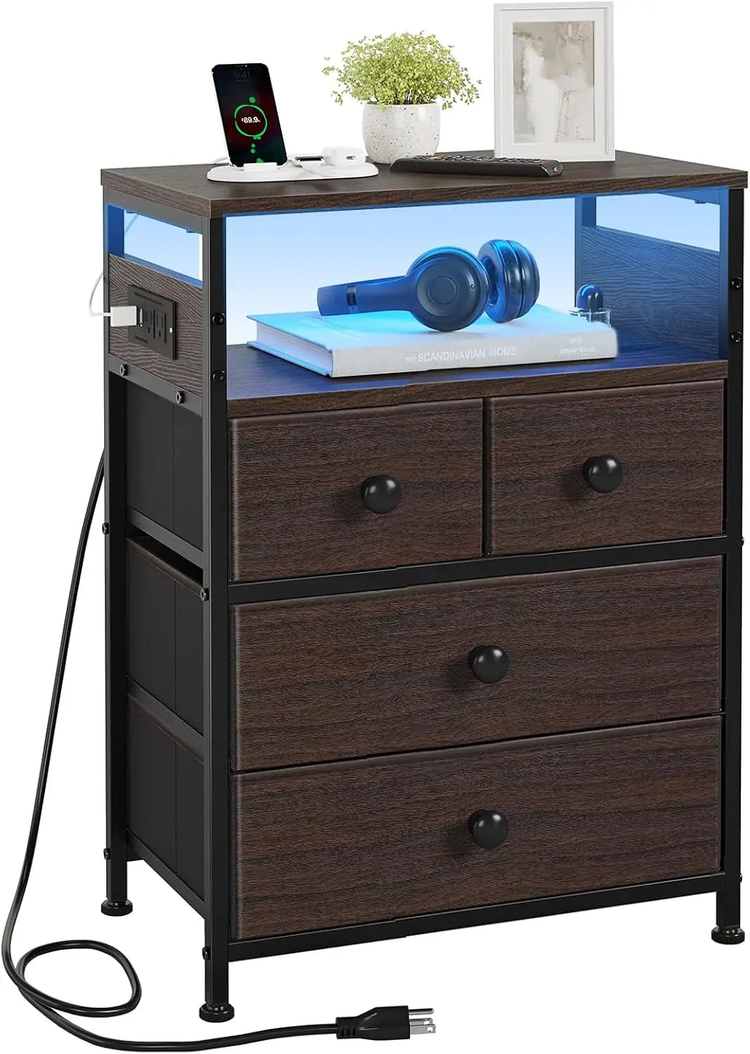 Nightstand with Charging Station, Bedside Table with 4 Drawers and 2-Tier Shelf, Modern End Table with Wooden Top for Bedroom,