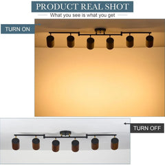 Modern 6-light track lighting, 47-inch, natural wood adjustable cap, brass accent, matte black ceiling track light