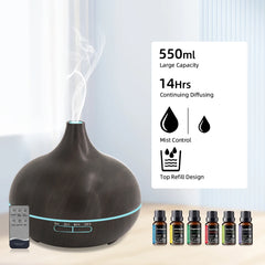 For Home 550ml Wood Grain Essential Oil Diffuser with Remote Control  Ultrasonic Cool Mist Humidifier  7 Color LED Lights   6 Es
