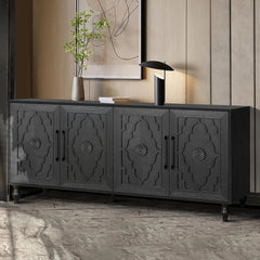 Farmhouse Sideboard Buffet Cabinet Accent Storage Cabinet with 4 Carved Flower Doors and Metal Handless, TV Stand Console Table