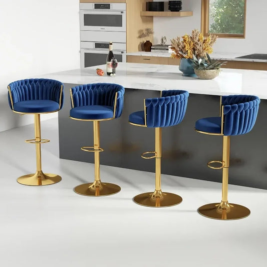 ABET Gold Bar Stools Set of 4, Velvet Woven Barstools, Swivel & Height Adjustable Counter Stools with Upholstered Backrest, Mode