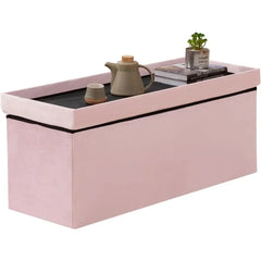 43" Folding Velvet Storage Ottoman Bench – Pink, Multi-Functional Footrest & Shoe Bench