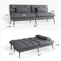 Convertible Futon Sofa Bed, 68″Fabric Futon Couch , Folding Futon Sleeper Recliner for Living Room Furniture (Grey)