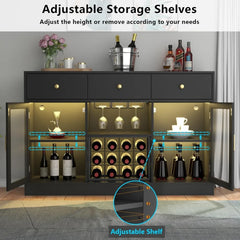 Wine Bar Cabinet with LED Light, Home Coffee Cabinet with Wine and Glass Rack, Kitchen Buffet Sideboard with Storage Drawers & A