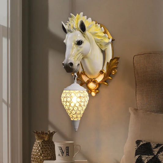Nordic Resin Horse Head Decor Wall Sconce with Iron Nest Crystals Shade LED E27 Hanging Light Aisle Wall Lamp Entrance Lighting