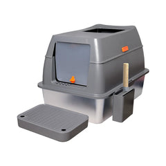 XXL Stainless Steel Cat Litter Box Enclosed Puppy Cat Litter Tray with Lid Large Litter Pan High Wall Side Easy Cleaning Toilet