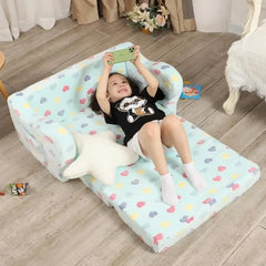 Extra Wider Seating Toddler Couch, 2-in-1 Soft Couch Fold Out with Star Pillow, Convertible Sofa to Lounger for Girls and Boys