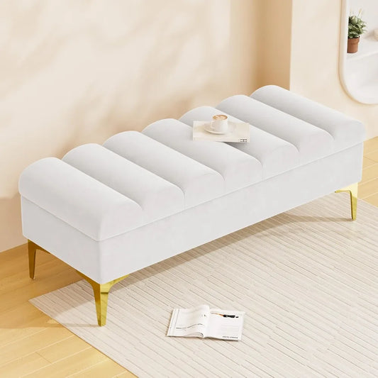 Storage Ottoman Bench for Bedroom with 420lbs Seating, 51.5" Upholstered Storage Bench End of Bed Storage Bench with Gold Legs