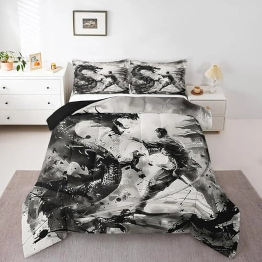 Boys Dragon Comforter Set Full Size, Vintage Loong Bedding Set for Kids Teens Adult, Ancient Wildlife Animal Duvet Insert Warr