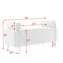 Elegant Upholstered Linen Storage Bench with Cylindrical Arms & Iron Legs, Beige, for Hallway, Living Room, Bedroom