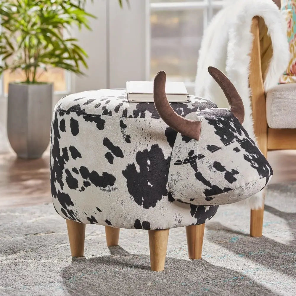 Velvet Cow-Shaped Ottoman – Cute Footstool with Cushioned Seat for Playroom & Porch