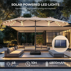 Double Sided Patio Umbrellas - 13ft Solar Lights LED Lighted Outdoor Extra Large Market Table Umbrella with Base Included