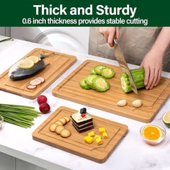 Bamboo Cutting Board Set of 3 with Juice Groove Ergonomic Handles Durable Kitchen Chopping Board Meat Fruit Serving Tray Storage