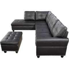 Faux Leather L-Shaped Sectional Sofa with Chaise, Storage Ottoman, Cup Holders & Pillows – 6-Seater Tufted Upholstered Couch