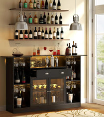 Bar Table Cabinet with LED & Drawer, Mini Liquor Bar with 8-Tier Storage & Stemware Holder（Black）