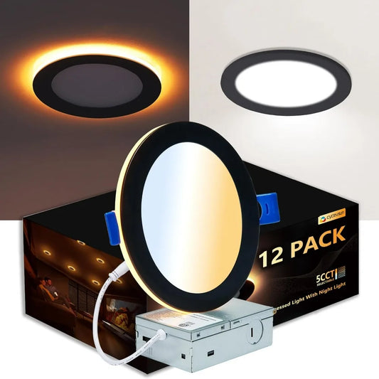 12 Pack Black Recessed Lights 6 Inch with Night Light-Canless Ultra Thin Wafer Downlight Indoor Outdoor Exterior Soffit Lighting
