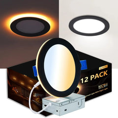12 Pack Black Recessed Lights 6 Inch with Night Light-Canless Ultra Thin Wafer Downlight Indoor Outdoor Exterior Soffit Lighting