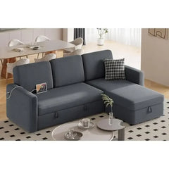 L-Shaped Sectional Sofa Bed with Chaise & USB, Reversible Storage Sleeper Convertible Trundle Fabric Couch