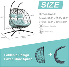 2 Person Double Egg Swing Chair with Stand Indoor Outdoor, Hammock Swing Chair Foldable Hanging Chair, Patio Wicker