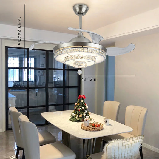 42" Invisible Ceiling Fan Light LED Light Pendant Fan Lamp Retractable Blade w/ Remote Home Decor Fixture 3-Color Adjustable