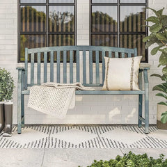 52" Farmhouse Outdoor Bench, Garden Bench with Faux Wood Grain Finish Frame and Aluminum Backrest, for Front Porch