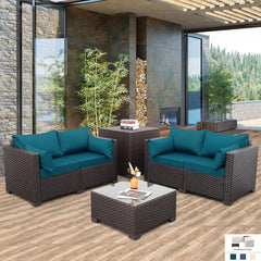 Outdoor Courtyard Furniture Set, Willow Sofa with Cushions and Coffee Table, Garden Outdoor Sofa Set, 4 Pcs