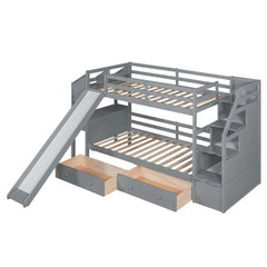 Wood Twin Over Twin Bunk Bed with Desk and Slide,Drawers Bookcase and Storage Staircase for Kids, White