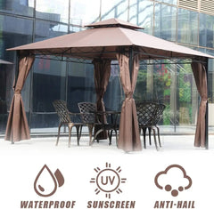 10 'x13' Outdoor terrace Terrace Heavy steel frame canopy, double roof, Privacy curtains (brown)