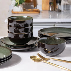 Ceramic Dinnerware ,Stoneware Plates and Bowls Sets,Handmade Reactive Glaze Dishes Set,Chip Resistant and Scratch (24PCS)