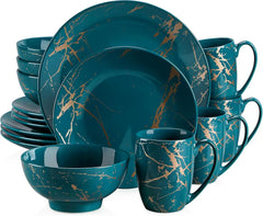 Plates and Bowls Sets for 4, Black Dinnerware Sets 16 Piece Gold Splash Glaze Round Dish Set, Porcelain Plate