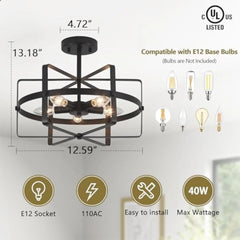Black Semi Flush Mount Ceiling Light, 12.59'' Modern Industrial Close to Ceiling Light Fixture Vintage Farmhouse Chandelier for
