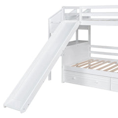 Wood Twin Over Twin Bunk Bed with Desk and Slide,Drawers Bookcase and Storage Staircase for Kids, White