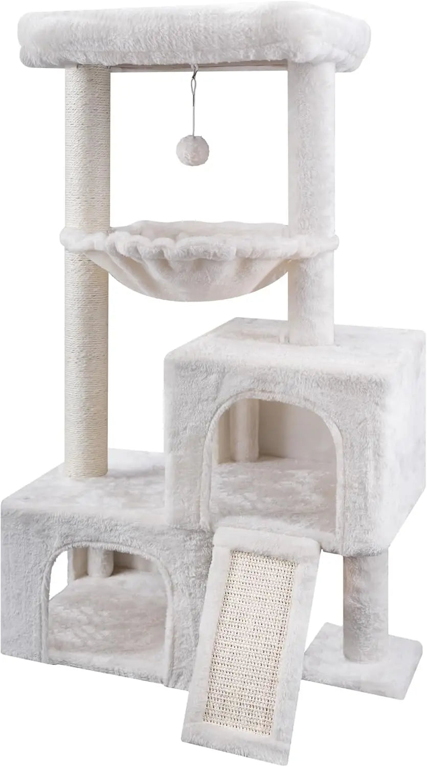 Multifunction Cat Tree with Cozy Hammock & Hanging Ball, Cat Tower with Activity Cat Condo Jute-Covered Scratching Posts, Grey