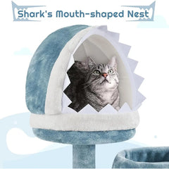 61in Tall Ocean-Themed Cat Tree, Multi-Level Cat Tower with Shark's Mouth-Shaped Nest, Fish-Shaped Platform