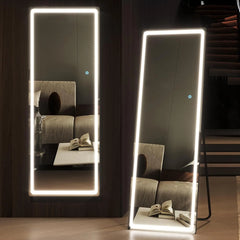 Full Length Mirror with RGB Lights, Full Body Lighted Mirror with Crushed Diamond, Free Standing Floor LED Mirror, Wall Mounted