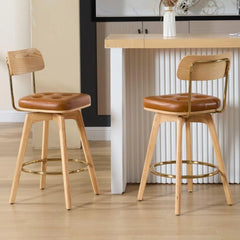 PU Leather Swivel Counter Stools Set of 2, Modern Button Tufted 26" Seat Height Low Bar Stools with Wooden Legs Upholst