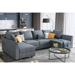 Bluish Grey U-Shaped Modular Sectional Sofa with Storage Seats – Convertible Sleeper Couch