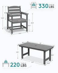 Outdoor HDPE Dining Table Set, 7-Piece Outdoor Dining Table Sets with Umbrella Hole Cut-Out Table and 6 Chairs, Gray