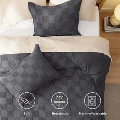 Boho Duvet Cover King Size - Checkered King Duvet Cover Set for All Seasons, 3 Pieces Soft Shabby Chic Embroidery Boho Bedding