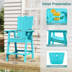 Tall Adirondack Chairs Set of 2, HDPS Patio Adirondack Chairs, Tall Balcony Chair with Connecting Tray, Bar Height Chairs with C