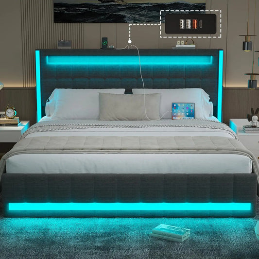 Queen Bed Frame with Adjustable Headboard & LED Lights, Upholstered Platform Bed Frame Queen Size with Type-C, Dark Grey