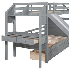 Wood Twin Over Twin Bunk Bed with Desk and Slide,Drawers Bookcase and Storage Staircase for Kids, White