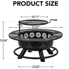 36 Inch Fire Pit with Cooking Grill,Outdoor Wood Burning BBQ Firepit with Lid, 3-in-1 Outdoor Fire Pit for Backyard Deck Bonfire