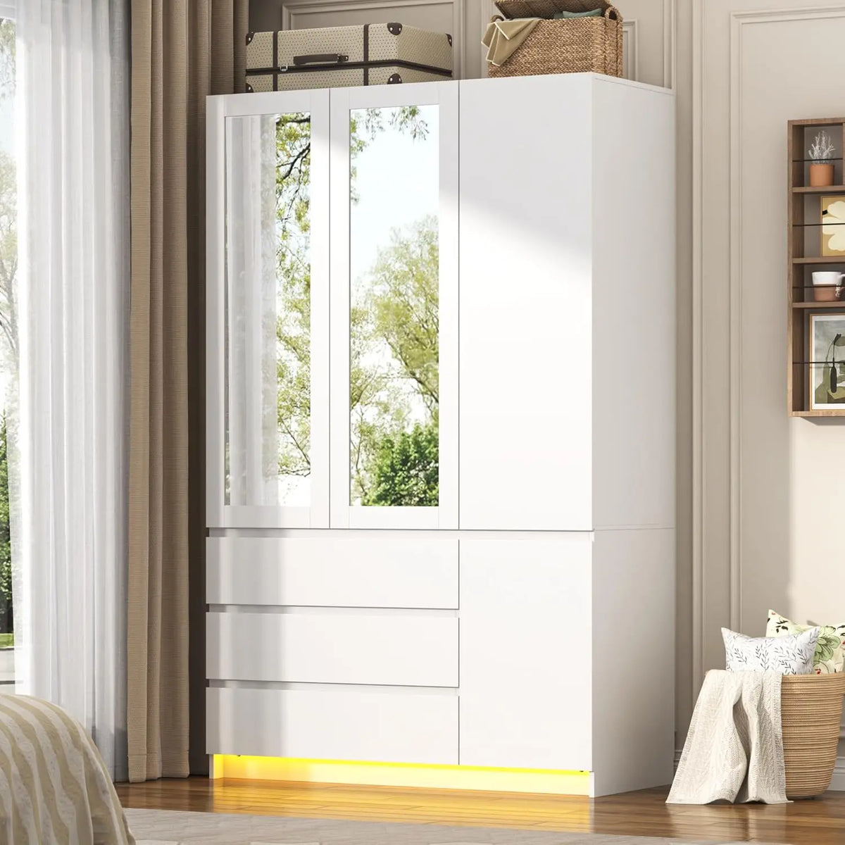 3 Doors Armoire Wardrobe Closet with 3 Drawers & Mirror, Modern Wooden Bedroom Armoires with Hanging Rod Led Lights for Bedroom,