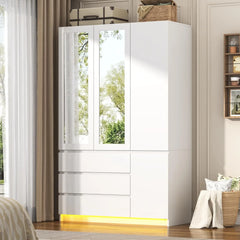3 Doors Armoire Wardrobe Closet with 3 Drawers & Mirror, Modern Wooden Bedroom Armoires with Hanging Rod Led Lights for Bedroom,