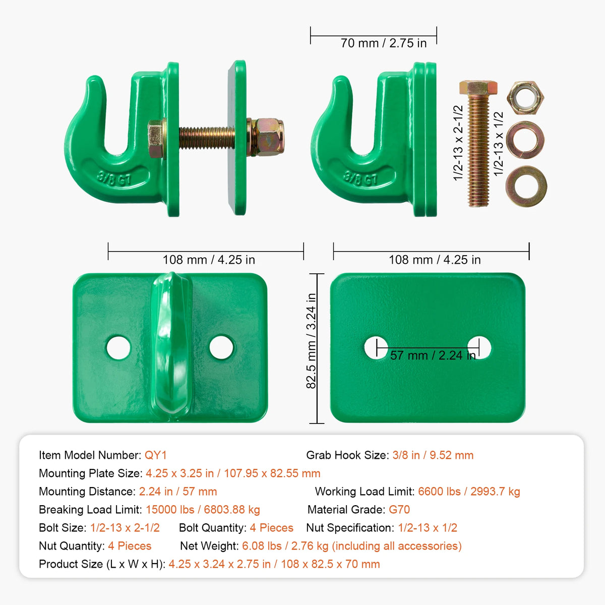 SucceBuy 2 Pack 3/8" Tractor Bucket Hooks Forged Steel Bolt On 15000 Lbs Grab Hooks Mount with Backer Plate for RV Pickup Truck